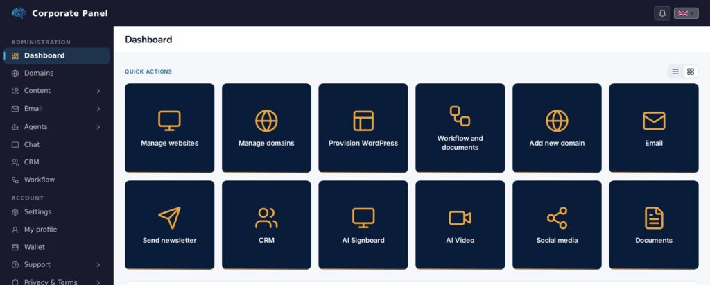 The home screen gathers shortcuts to the modules in the platform.