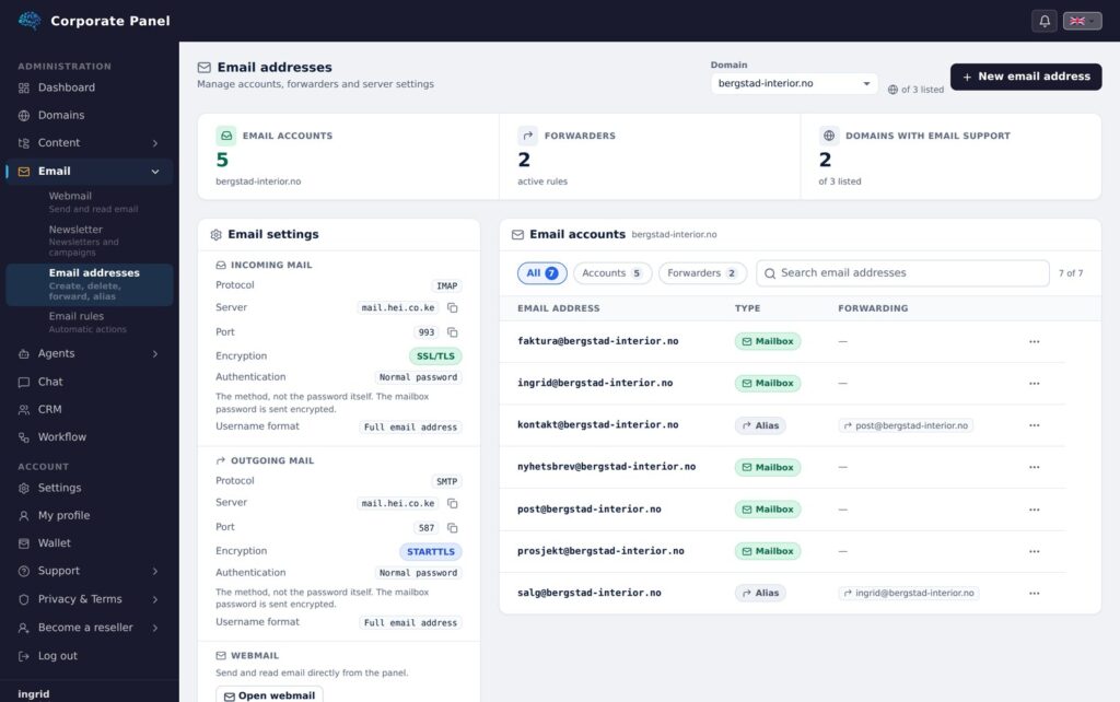 Mailboxes and server settings for the selected domain.