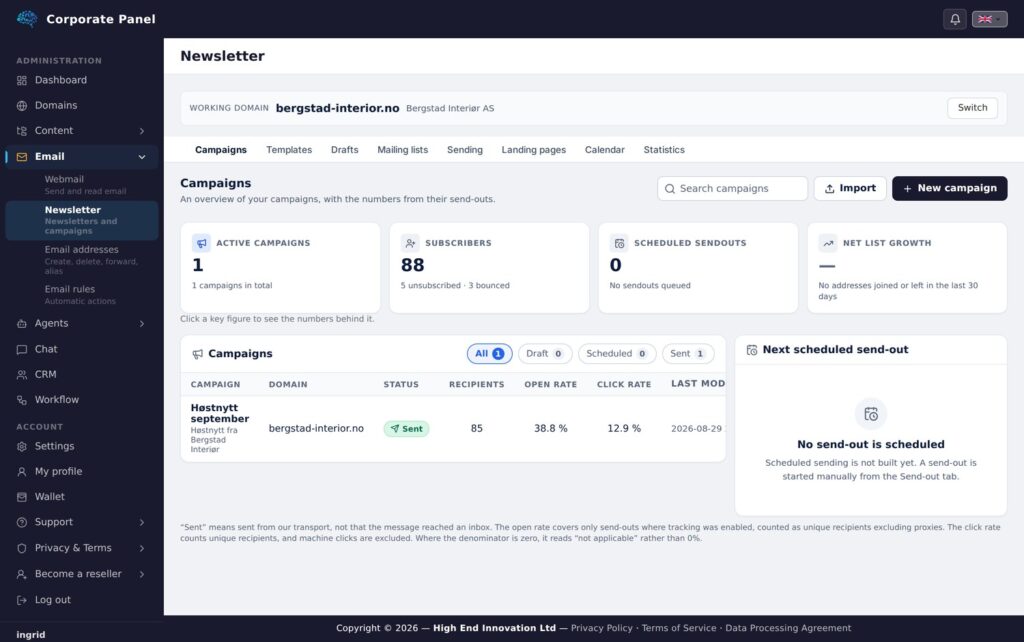 The campaign overview with the working domain locked at the top.