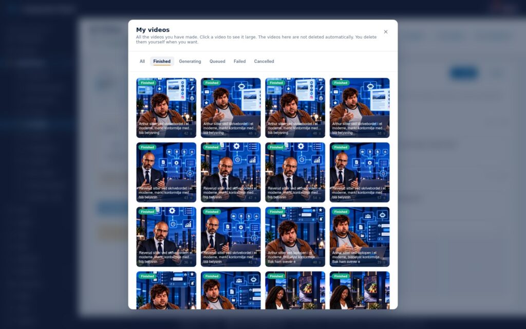 Finished videos are gathered under My videos.