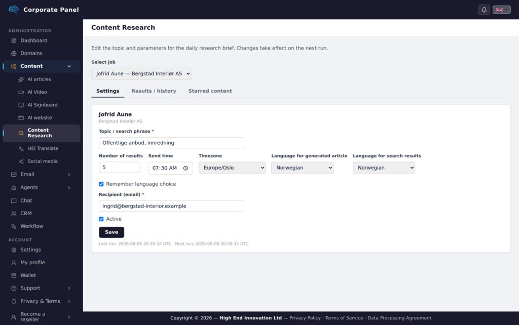 A research job with topic, schedule, language and recipient.