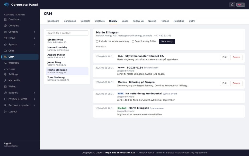 The History tab collects all contact with the customer on one timeline.