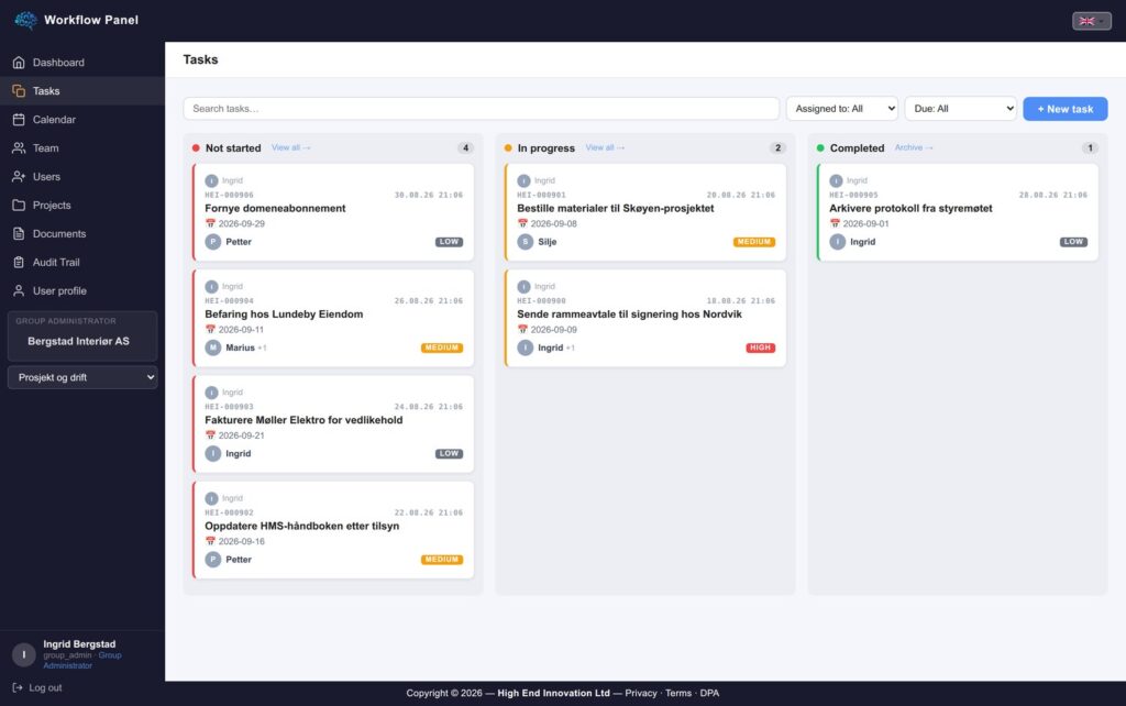 The task board with status, assignee, deadline and severity.