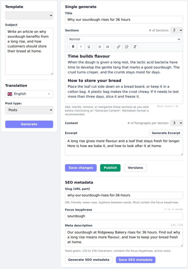 Article being edited in AI Content in Corporate Panel, with text editor and SEO fields