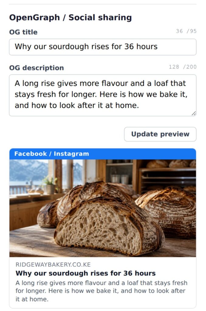 OpenGraph title, sharing text and Facebook preview in AI Content in Corporate Panel