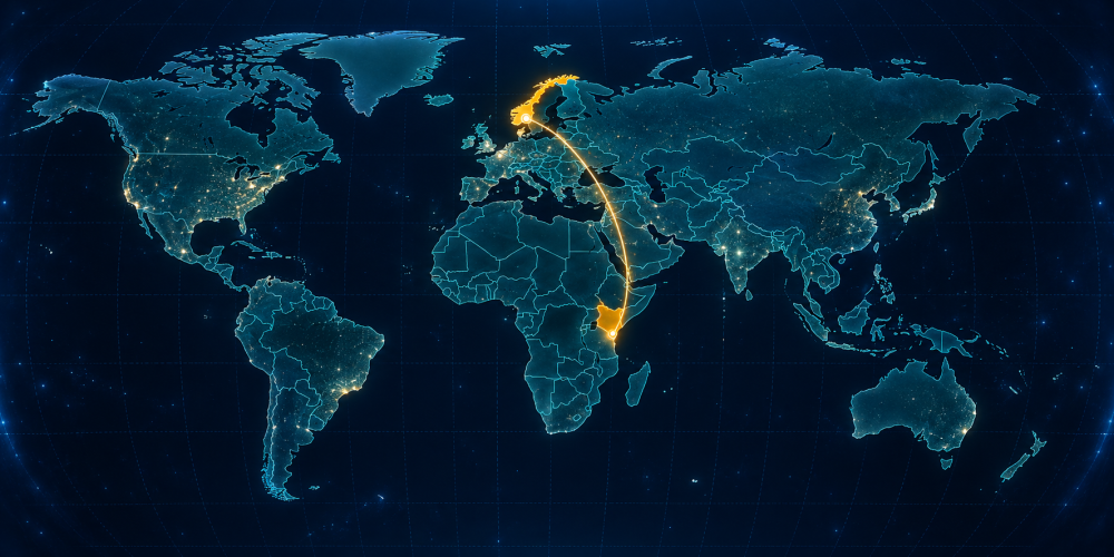 World map showing Norway and Kenya connected by a glowing line